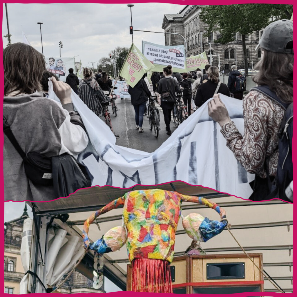 Zu sehen sind zwei Bilder von Demonstrationen. Das obere Bild zeigt eine Menschenmasse, die Fahnen zum Thema Pflege und Gesundheitspolitik halten. Das untere Bild zeigt einen gebastelten Uterus.