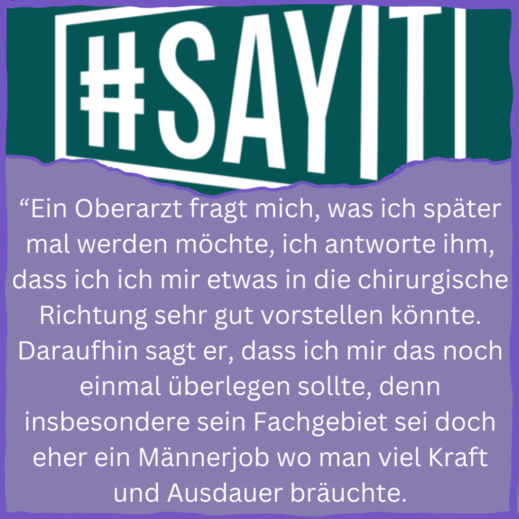 Die Abbildung besteht aus zwei Bildern. Das obere Bild ist das Logo mit dem Schriftzug #SAYIT und das untere Bild zeigt einen eingereichten Text zum Thema Diskriminierung "Im OP".